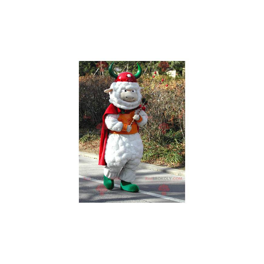 Mascotte di pecora bianca con mantello e elmo vichingo -