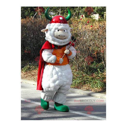 White sheep mascot with a cape and a Viking helmet -