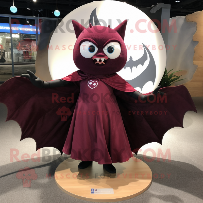 Maroon Bat mascot costume character dressed with a Circle Skirt and Brooches