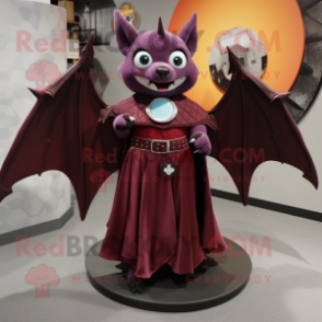 Maroon Bat mascot costume character dressed with a Circle Skirt and Brooches