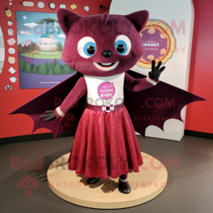 Maroon Bat mascot costume character dressed with a Circle Skirt and Brooches