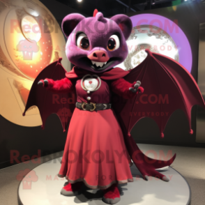 Maroon Bat mascot costume character dressed with a Circle Skirt and Brooches