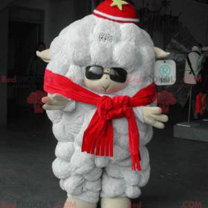 Mascotte de gros mouton blanc avec des lunettes de soleil -