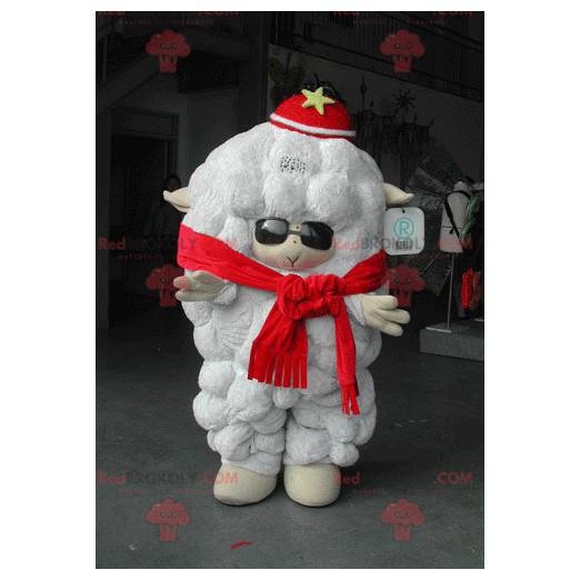 Velký bílý ovce maskot se slunečními brýlemi - Redbrokoly.com