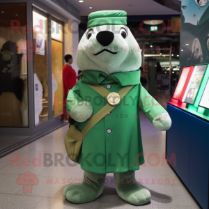 Green Seal mascot costume character dressed with a Coat and Coin purses