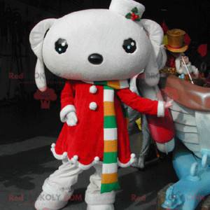 White rabbit mascot dressed in a red Christmas dress -