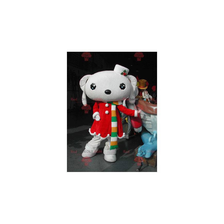 White rabbit mascot dressed in a red Christmas dress -