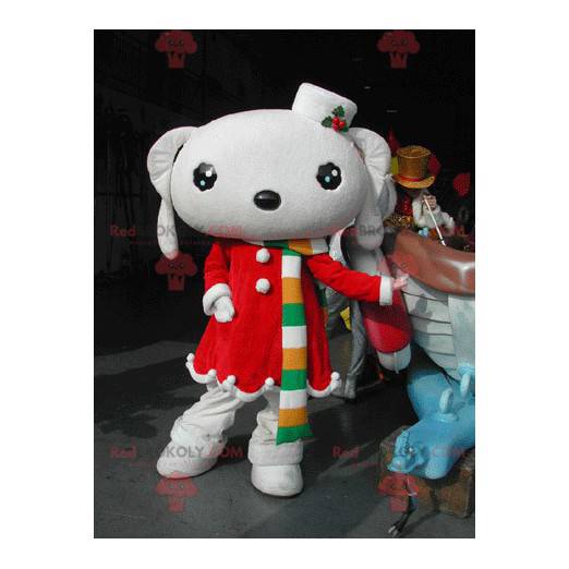 Mascota de conejo blanco vestida con un vestido rojo de Navidad