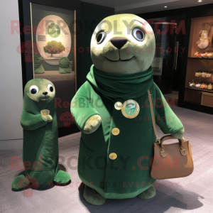 Green Seal mascot costume character dressed with a Coat and Coin purses