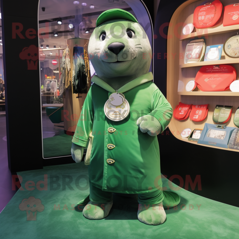 Green Seal mascot costume character dressed with a Coat and Coin purses