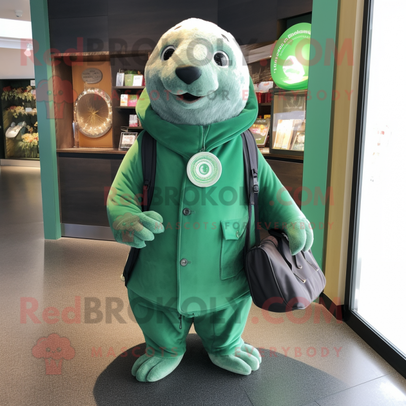 Green Seal mascot costume character dressed with a Coat and Coin purses