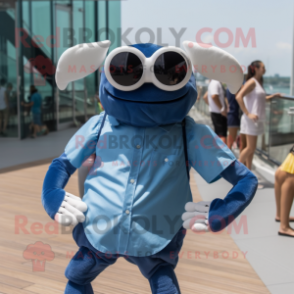 Blue Crab mascot costume character dressed with a Playsuit and Sunglasses