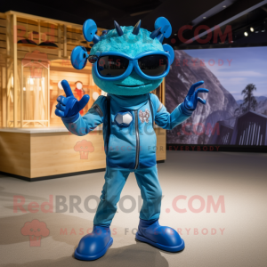 Blue Crab mascot costume character dressed with a Playsuit and Sunglasses