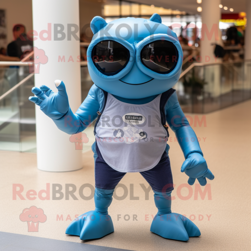 Blue Crab mascot costume character dressed with a Playsuit and Sunglasses