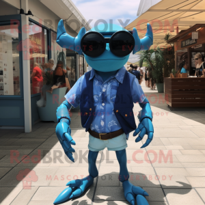 Blue Crab mascot costume character dressed with a Playsuit and Sunglasses