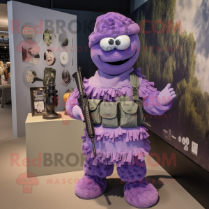 Lavender Para Commando mascot costume character dressed with a Wrap Dress and Hairpins