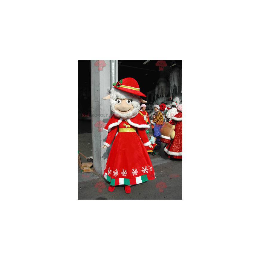Mascotte de mouton blanc habillé d'une tenue rouge de Noël -