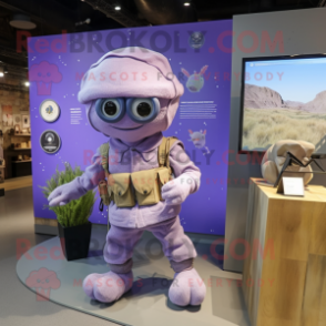Lavender Para Commando mascot costume character dressed with a Wrap Dress and Hairpins