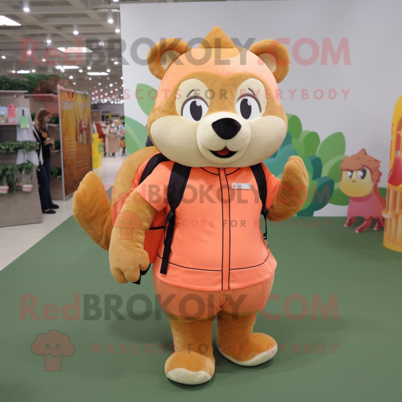 Peach Mongoose mascot costume character dressed with a A-Line Skirt and Backpacks