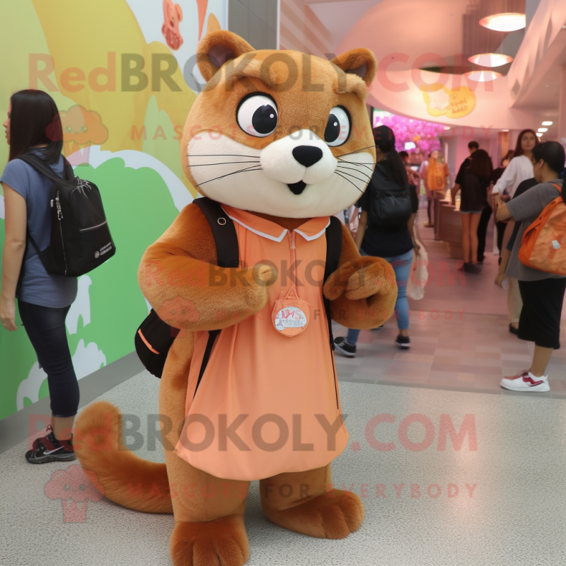 Peach Mongoose mascot costume character dressed with a A-Line Skirt and Backpacks