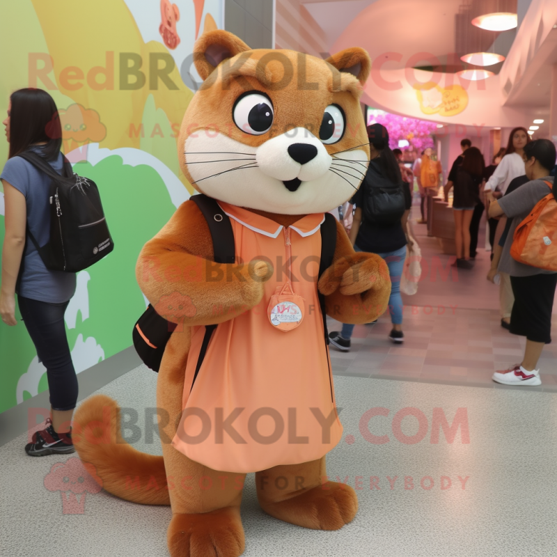 Peach Mongoose mascot costume character dressed with a A-Line Skirt and Backpacks Peach Mongoose mascot costume character dressed with a A-Line Skirt and Backpacks
