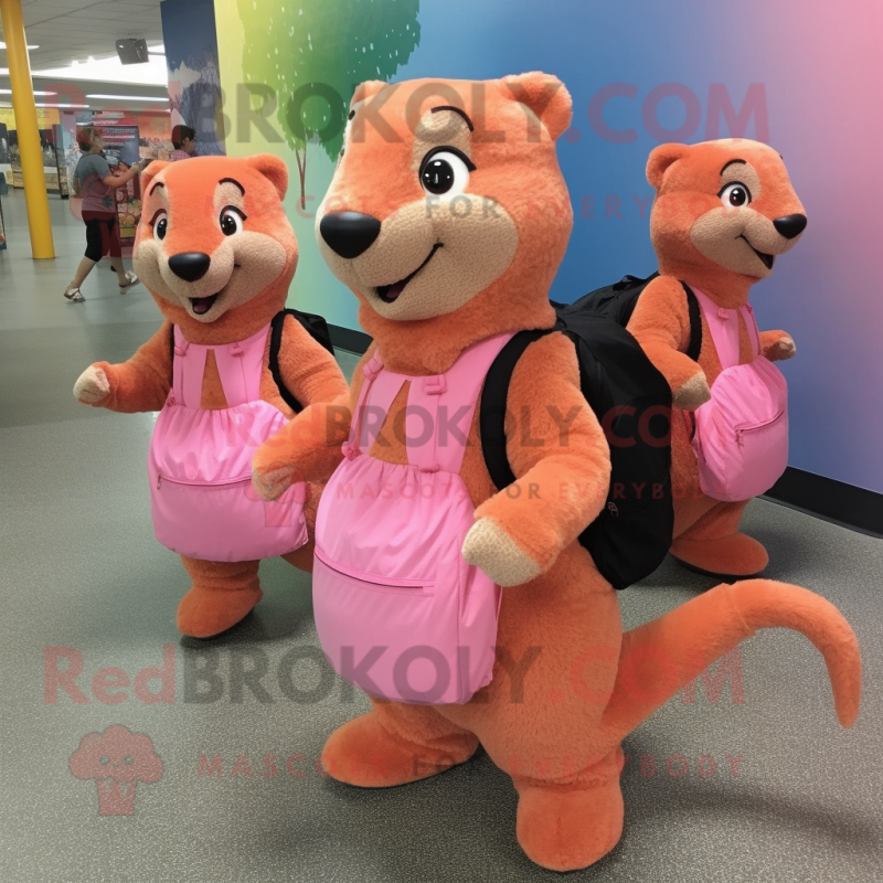 Peach Mongoose mascot costume character dressed with a A-Line Skirt and Backpacks Peach Mongoose mascot costume character dressed with a A-Line Skirt and Backpacks