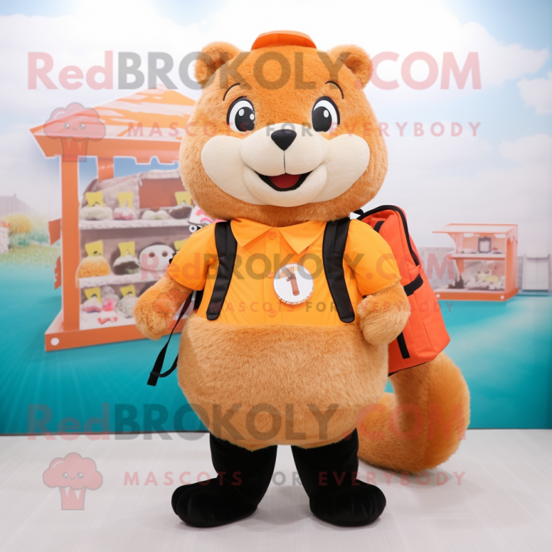 Peach Mongoose mascot costume character dressed with a A-Line Skirt and Backpacks