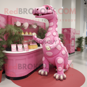 Pink Brachiosaurus mascot costume character dressed with a Romper and Tie pins