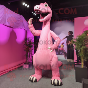 Pink Brachiosaurus mascot costume character dressed with a Romper and Tie pins