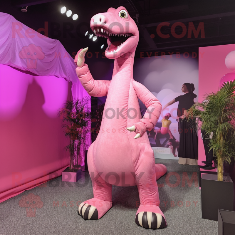 Pink Brachiosaurus mascot costume character dressed with a Romper and Tie pins Pink Brachiosaurus mascot costume character dressed with a Romper and Tie pins