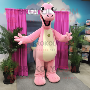 Pink Brachiosaurus mascot costume character dressed with a Romper and Tie pins