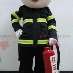 Mascote do bombeiro em uniforme preto e amarelo - Redbrokoly.com