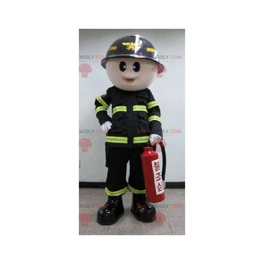 Mascote do bombeiro em uniforme preto e amarelo - Redbrokoly.com