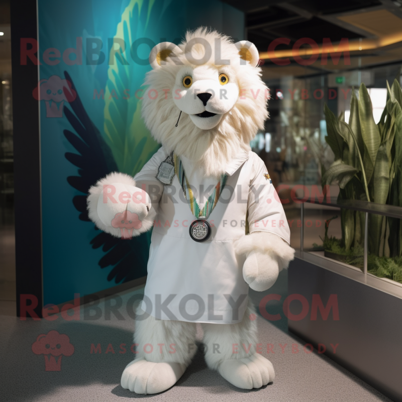 White Lion mascot costume character dressed with a Playsuit and Scarves