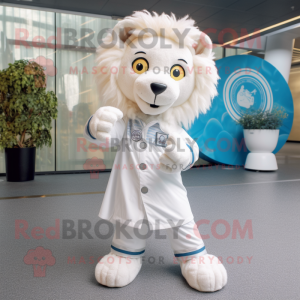 White Lion mascot costume character dressed with a Playsuit and Scarves