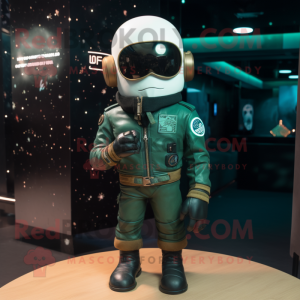 Forest Green Astronaut mascot costume character dressed with a Biker Jacket and Lapel pins