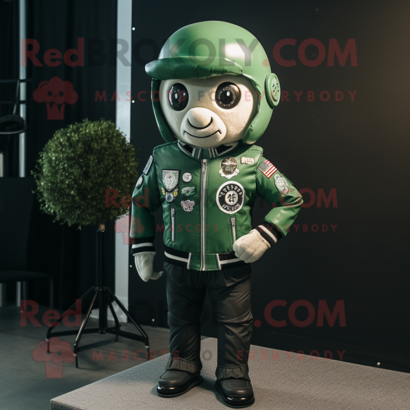 Forest Green Astronaut mascot costume character dressed with a Biker Jacket and Lapel pins