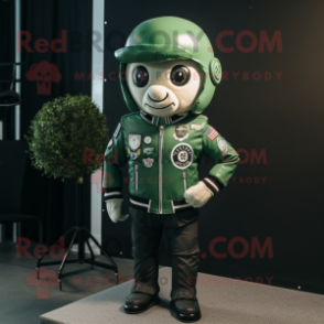 Forest Green Astronaut mascot costume character dressed with a Biker Jacket and Lapel pins
