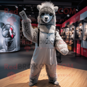 Gray Alpaca mascot costume character dressed with a Jumpsuit and Anklets