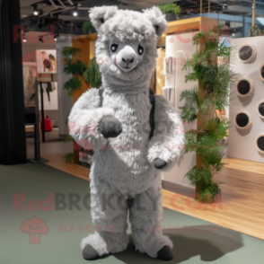 Gray Alpaca mascot costume character dressed with a Jumpsuit and Anklets