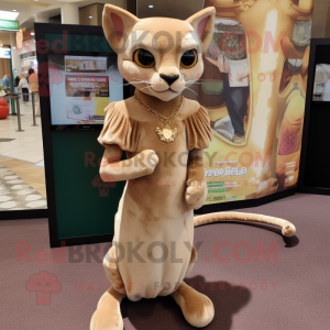 Beige Jaguarundi mascot costume character dressed with a Wrap Dress and Earrings