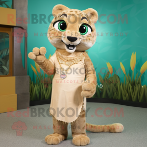Beige Jaguarundi mascot costume character dressed with a Wrap Dress and Earrings