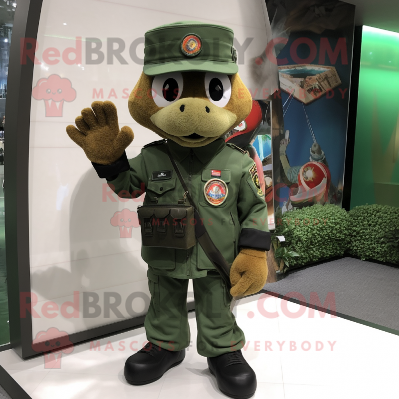 Forest Green Green Beret mascot costume character dressed with a Moto Jacket and Clutch bags