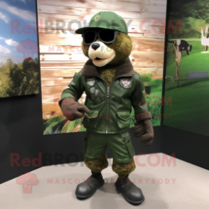 Forest Green Green Beret mascot costume character dressed with a Moto Jacket and Clutch bags