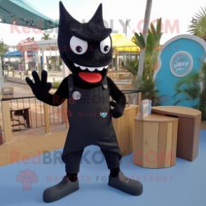 Black Stingray mascot costume character dressed with a Dungarees and Shoe clips