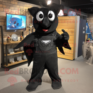 Black Stingray mascot costume character dressed with a Dungarees and Shoe clips