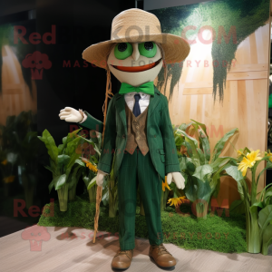 Forest Green Scarecrow mascot costume character dressed with a Suit Jacket and Bow ties