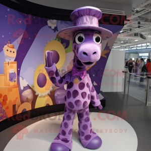 Purple Giraffe mascot costume character dressed with a Pleated Skirt and Hats