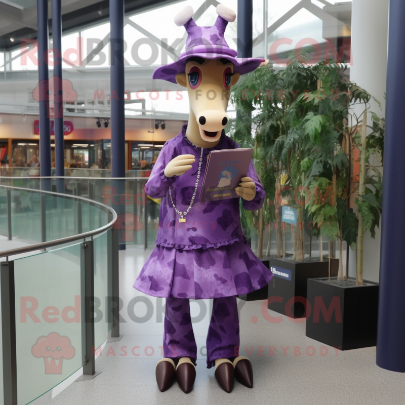 Purple Giraffe mascot costume character dressed with a Pleated Skirt and Hats