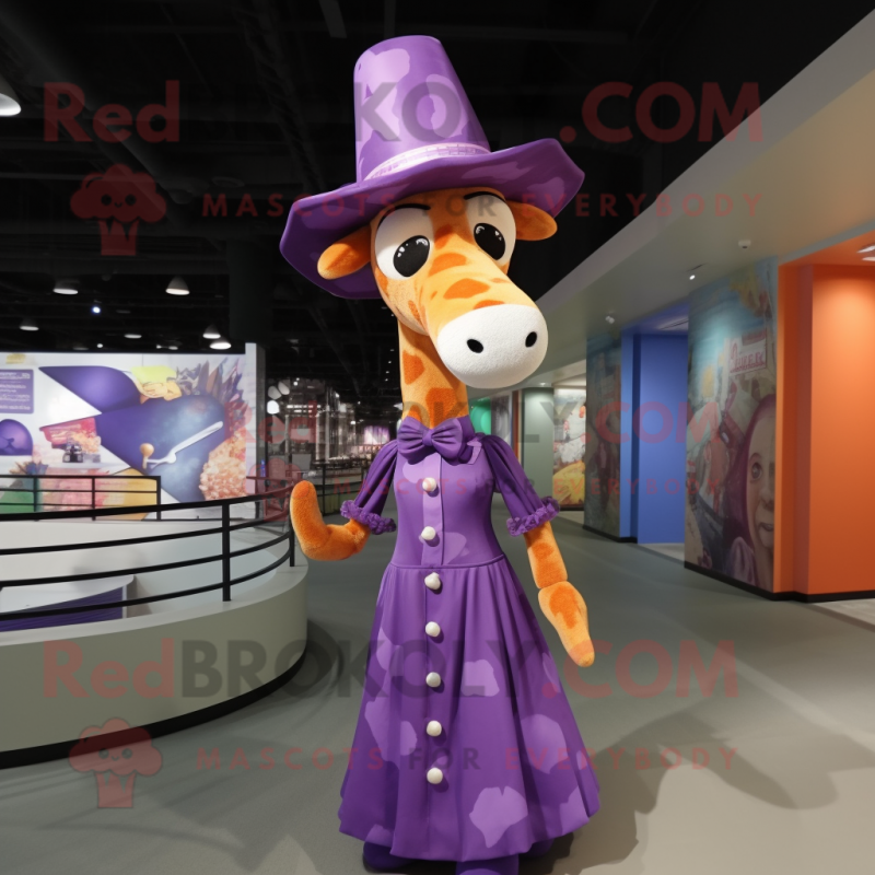 Purple Giraffe mascot costume character dressed with a Pleated Skirt and Hats